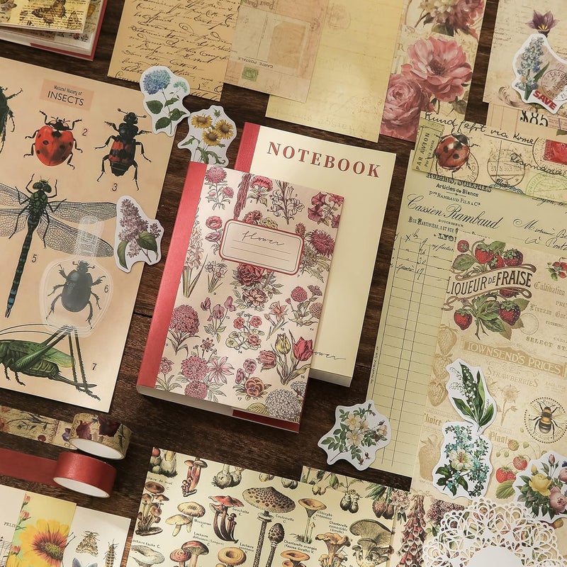 emmoolife Vintage Aesthetic Scrapbooking Supplies Kit, Flowers Botanical Bullet Junk Journal Kit with Journaling Supplies, Tweezers, A6 Grid Notebook,Stationery,Sticker, Birthday Craft Gift for Adult - Image 4